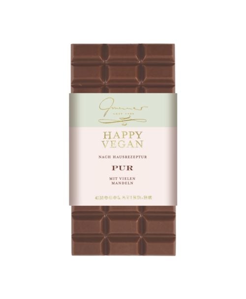 Vegane Tafelschokolade Happy Vegan PUR mit hohem Mandelanteil und feiner Kakaobutter