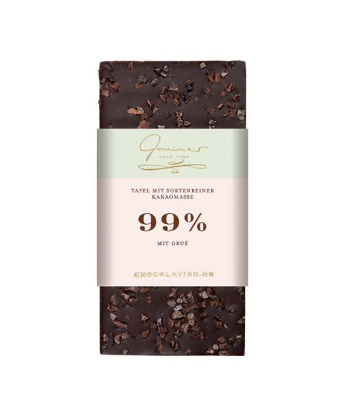 Zartbitterschokolade mit 99 % Kakaoanteil und gerösteten Kakaonibs (Grué de Cacao)
